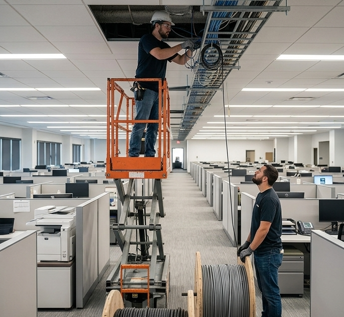 Electrician on a lift running cable in a commercial office