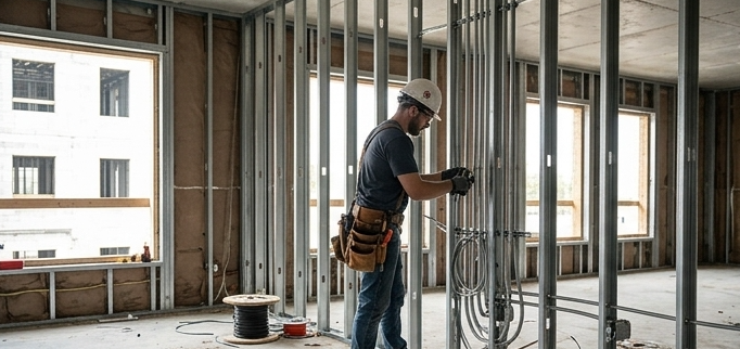 Electrician roughing in wiring on a new construction frame
